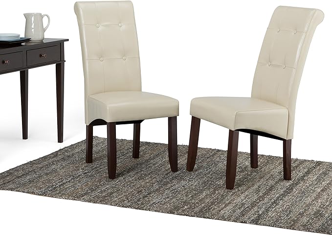 SIMPLIHOME Cosmopolitan Parson Dining Chair (Set of 2), Satin Cream Faux Leather and SOLID WOOD, Square, Upholstered, For the Dining Room, Contemporary Modern - LeafyLoom