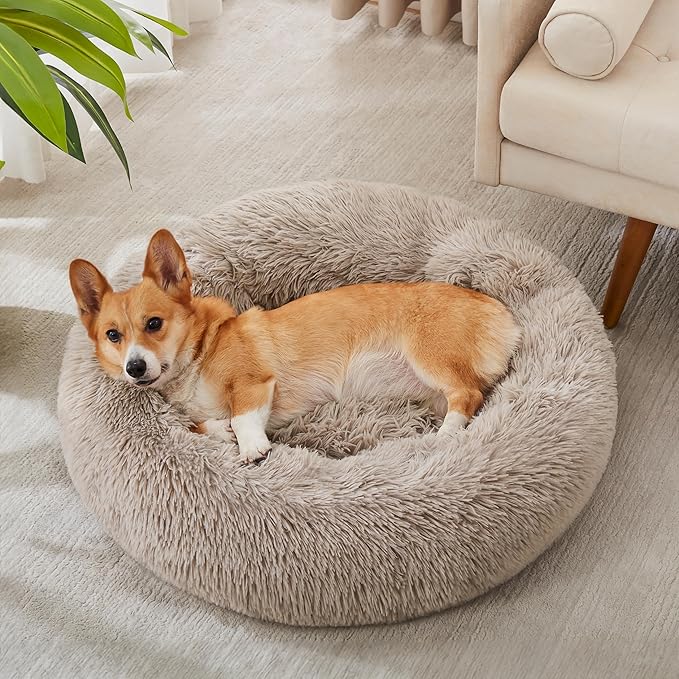 WESTERN HOME WH Calming Dog & Cat Bed, Anti-Anxiety Donut Cuddler Warming Cozy Soft Round Bed, Fluffy Faux Fur Plush Cushion Bed for Small Medium Dogs and Cats (20"/24"/27"/30") WESTERNHOME