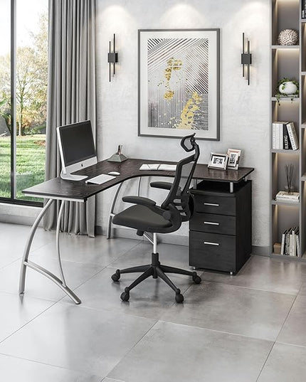 Techni Mobili Modern Computer File Cabinet and Storage L-Shaped Desk, Espresso - LeafyLoom