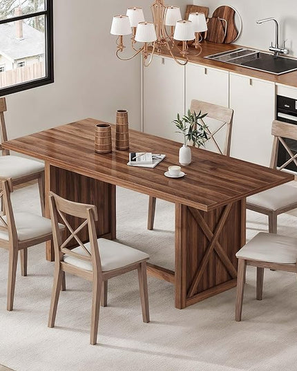 YITAHOME 70.8" Large Farmhouse Dining Table for 6 to 8 People, Rustic Style Wood Dinner Table, Rectangular Dining Table for Kitchen, Dining Room & Living Room, Brown - LeafyLoom