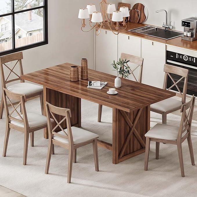 YITAHOME 70.8" Large Farmhouse Dining Table for 6 to 8 People, Rustic Style Wood Dinner Table, Rectangular Dining Table for Kitchen, Dining Room & Living Room, Brown - LeafyLoom