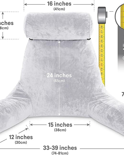 Husband Pillow XXL Light Grey Backrest with Arms - Adult Reading Pillow Shredded Memory Foam, Ultra-Comfy Removable Microplush Cover & Detachable Neck Roll, Unmatched Support Sit Up Bed Rest Chair - LeafyLoom