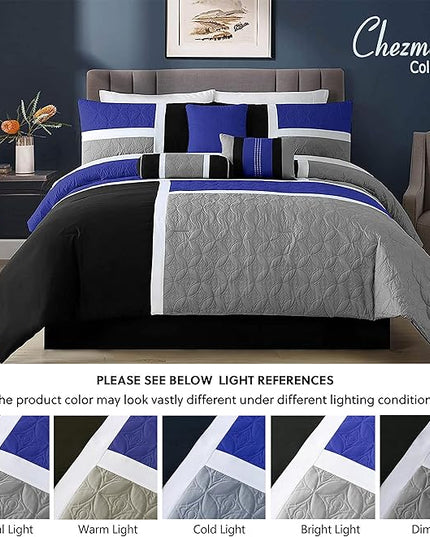 Chezmoi Collection Upland 7-Piece Quilted Patchwork Comforter Set, Blue/Black/Gray, Full - LeafyLoom