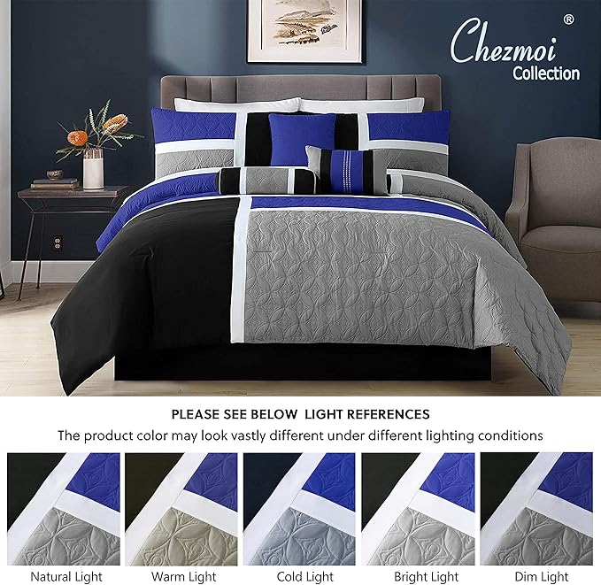 Chezmoi Collection Upland 7-Piece Quilted Patchwork Comforter Set, Blue/Black/Gray, King - LeafyLoom
