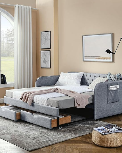 Twin Size Upholstery Daybed with Trundle Bed and 2 Storage Drawers, Flat Arms w/Pocket, Linen Extendable Bedframe for Bedroom Living Room, No Box Spring Needed & Space-Saving Design, Grey - LeafyLoom