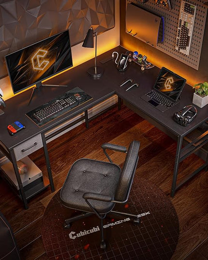 CubiCubi L Shaped Gaming Desk with Power Outlets and USB Charging Ports, 58" Reversible Corner Computer Desk with Storage Shelves and Drawer, Home Office Desk with Bookshlf, Black - LeafyLoom