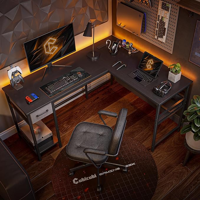 CubiCubi L Shaped Gaming Desk with Power Outlets and USB Charging Ports, 58" Reversible Corner Computer Desk with Storage Shelves and Drawer, Home Office Desk with Bookshlf, Black - LeafyLoom