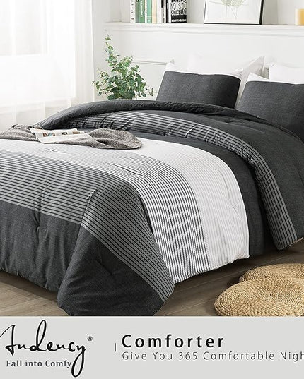 Andency Queen Comforter Set Black,3 Pieces Black White Gray Patchwork Striped Comforter (90x90 Inch), Soft Microfiber Down Alternative Queen Comforter Bedding Sets with Corner Loops - LeafyLoom