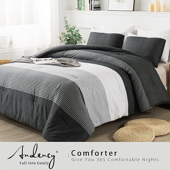 Andency Full Size Comforter Set,3 Pieces Black White Gray Patchwork Striped Comforter(79x90 Inch), Soft Microfiber Down Alternative Full Comforter Bedding Sets with Corner Loops - LeafyLoom
