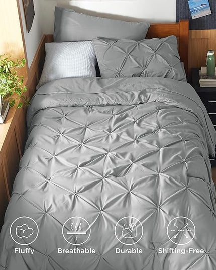 Bedsure Twin XL Comforter Set - Extra Long 5 Pieces Dorm Bedding Sets, Pinch Pleat Grey Bed in a Bag with Comforter, Sheets, Pillowcase & Sham - LeafyLoom