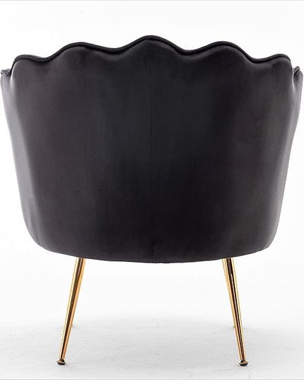Velvet Barrel Accent Chair with Scalloped Silhouette and Gold Metal Legs, Decorative Piece Suitable for Traditional, Modern, and Contemporary Spaces, Black - LeafyLoom