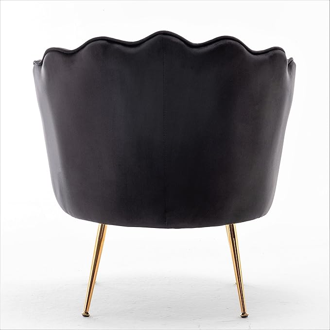 Velvet Barrel Accent Chair with Scalloped Silhouette and Gold Metal Legs, Decorative Piece Suitable for Traditional, Modern, and Contemporary Spaces, Black - LeafyLoom