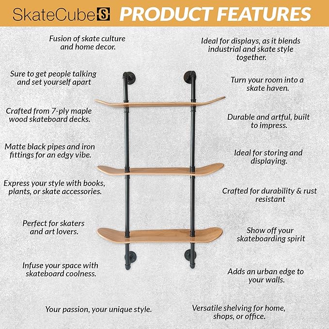 Industrial Shelves - 3 Tier Floating Shelf Bookcase with Mellow Concave Skateboard Decks - Natural Wood Stain Finish - Easy to Assemble - Bathroom Wall Decor, Book Shelf for Living Room - LeafyLoom
