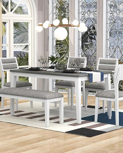 Dining Table Set for 6, Classic and Traditional Style 6-Piece Dining Room Table Set with Backrest, Kitchen Table with 4 Upholstered Chairs & Bench, White+Gray - LeafyLoom