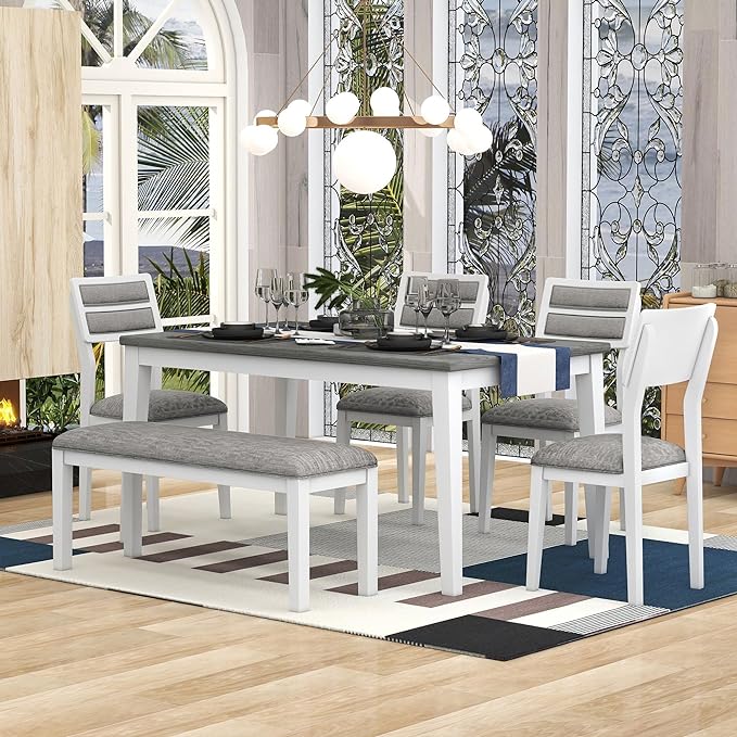 Dining Table Set for 6, Classic and Traditional Style 6-Piece Dining Room Table Set with Backrest, Kitchen Table with 4 Upholstered Chairs & Bench, White+Gray - LeafyLoom