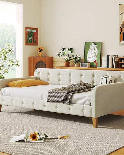 Twin Size Velvet Upholstered Dayed with 4 Support Legs,Multifunction Solid Wood Bed Frame,W/Backrest and Armrests,No Box Spring Needed,for Living Room Dormitory Apartment,White - LeafyLoom