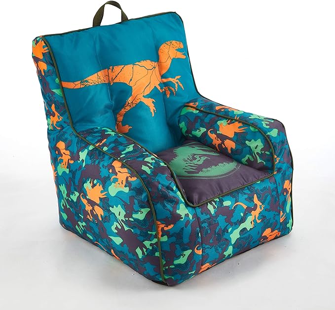 Idea Nuova Jurassic World 2 Kids Nylon Bean Bag Chair with Piping & Top Carry Handle, Blue, 18" H x 18" W - LeafyLoom