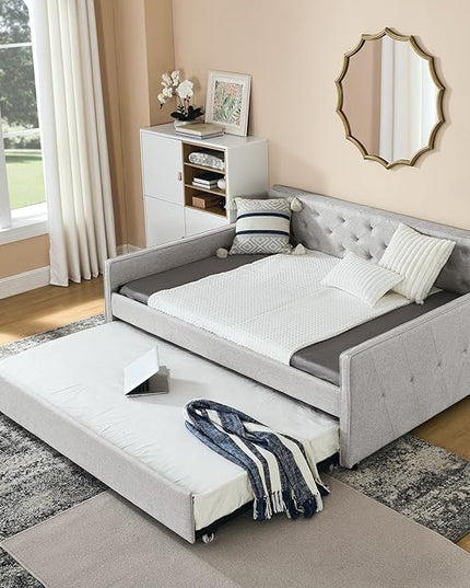 Full Size Daybed with win Size Trundle, Upholstered Tufted Day Bed, with Button Back and Waved Shape Arms, Wood Slat Support, No Spring Box Need, for Bedroom, Livingroom, Beige - LeafyLoom