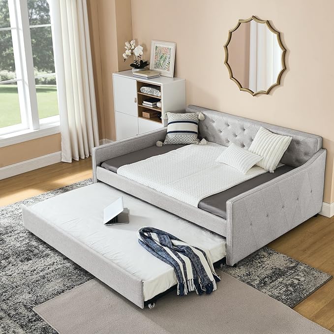 Full Size Daybed with win Size Trundle, Upholstered Tufted Day Bed, with Button Back and Waved Shape Arms, Wood Slat Support, No Spring Box Need, for Bedroom, Livingroom, Beige - LeafyLoom