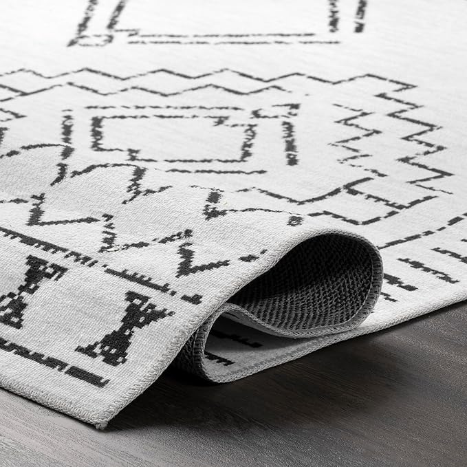 nuLOOM Noa Machine Washable Tribal Moroccan Ultra Thin Area Rug, 4x6, Ivory - LeafyLoom