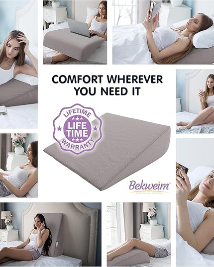 Bed Wedge Pillow | Unique Curved Design for Multi Position Use | Memory Foam Wedge Pillow for Sleeping | Works for Back Support, Leg, Knee | includes Cover Plus Extra Sheet (Dark Grey) - LeafyLoom