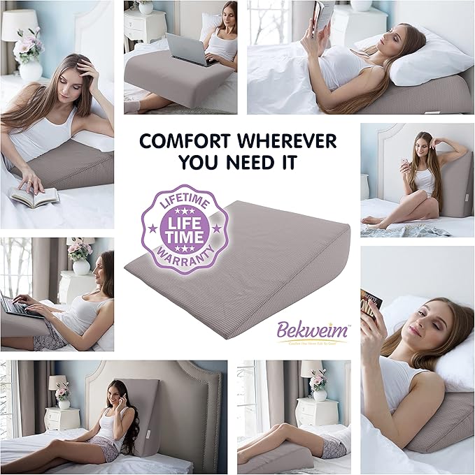Bed Wedge Pillow | Unique Curved Design for Multi Position Use | Memory Foam Wedge Pillow for Sleeping | Works for Back Support, Leg, Knee | includes Cover Plus Extra Sheet (Dark Grey) - LeafyLoom