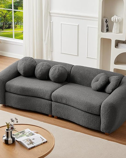 Seater Sofa&Couch Modern Cloud Curved Sofa Comfy Boucle Couch, Luxury 3 Teddy Fabric Upholstered Leisure Deap Seat Sectional Sofá with 5 Decorative Throw Pillows for Living Room, 87.7", Grey-338 - LeafyLoom