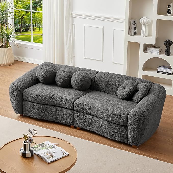 Seater Sofa&Couch Modern Cloud Curved Sofa Comfy Boucle Couch, Luxury 3 Teddy Fabric Upholstered Leisure Deap Seat Sectional Sofá with 5 Decorative Throw Pillows for Living Room, 87.7", Grey-338 - LeafyLoom