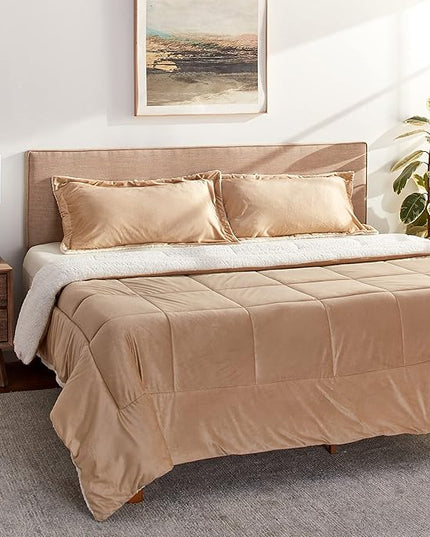 Cathay Home Bedding Sets: Ultra Soft and Plush Reversible Micromink and Sherpa 3-Piece Comforter Set, Camel, King (102" x 90") - LeafyLoom