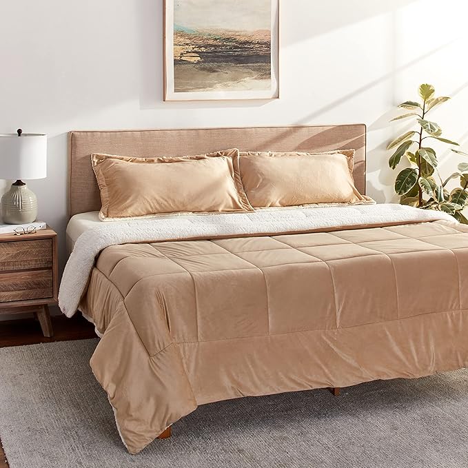 Cathay Home Bedding Sets: Ultra Soft and Plush Reversible Micromink and Sherpa 3-Piece Comforter Set, Camel, King (102" x 90") - LeafyLoom