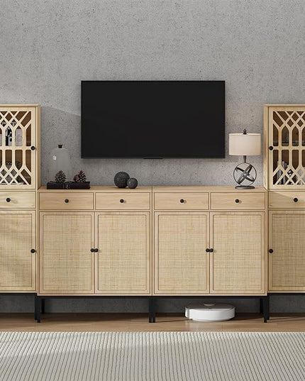 XIAO WEI Entertainment Center for TV up to 70 inch, Sideboard Cabinet Natural Rattan Woven Doors & Drawers, Media Console Tall Storage Cabinet, Rattan Cabinet, Metal legs - LeafyLoom