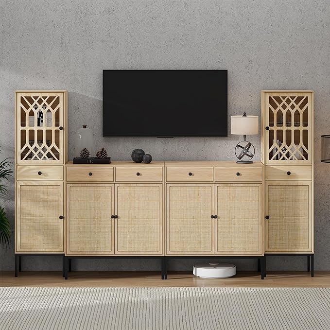XIAO WEI Entertainment Center for TV up to 70 inch, Sideboard Cabinet Natural Rattan Woven Doors & Drawers, Media Console Tall Storage Cabinet, Rattan Cabinet, Metal legs - LeafyLoom