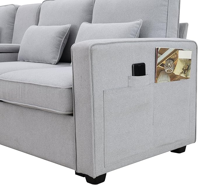 104" Modern Sofa, 4-seat Couch with Armrest Pockets and 4 Pillows for Living Room, Apartment, 104inch, Light Gray - LeafyLoom