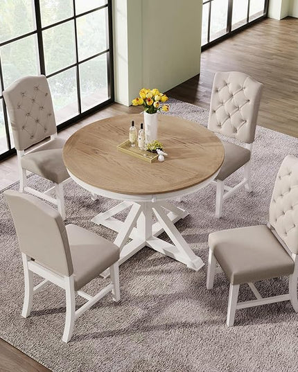 5-Piece Retro Style Dinette Sets with Round Extendable Kitchen Dining Table, 4 Upholstered Chairs, for Diningroom Living Room, Easy to Assemble, Oak Natural Wood + OFF White - LeafyLoom