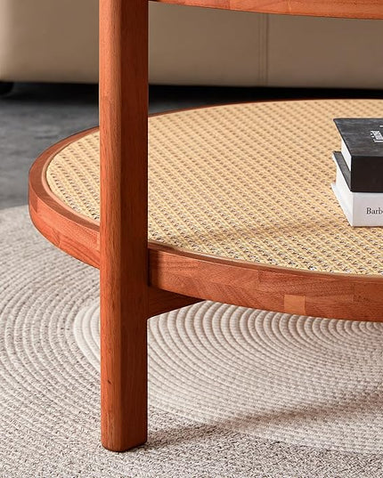 35'' Modern Round Coffee Table with Textured Glass Tabletop, 2 Tier Center Table for Living Room with Rattan Woven Storage Shelf, Wood Frame Natural Wood Coffee Table, Walnut - LeafyLoom