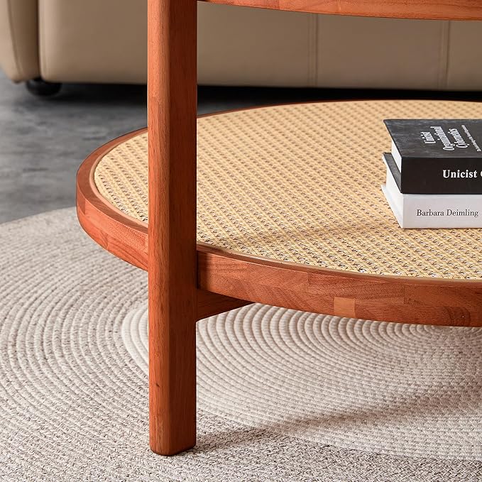 35'' Modern Round Coffee Table with Textured Glass Tabletop, 2 Tier Center Table for Living Room with Rattan Woven Storage Shelf, Wood Frame Natural Wood Coffee Table, Walnut - LeafyLoom