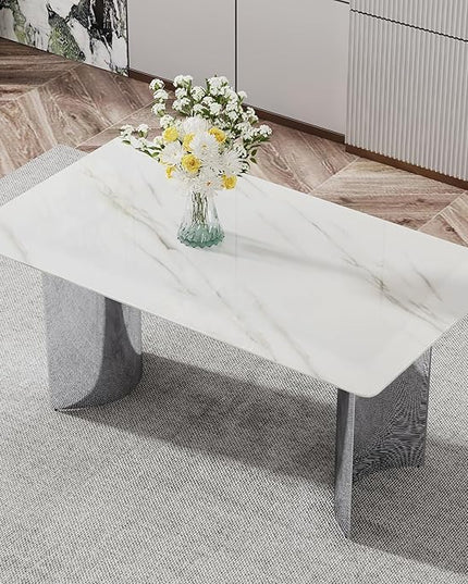 NicBex 63Inch Rectangular Dining Table,Modern Kitchen Table with Imitation Marble Glass Sticker Tabletop and Stainless Steel Legs for 6 to 8,Dining Room Table for Kitchen,Meeting Living Room,White - LeafyLoom
