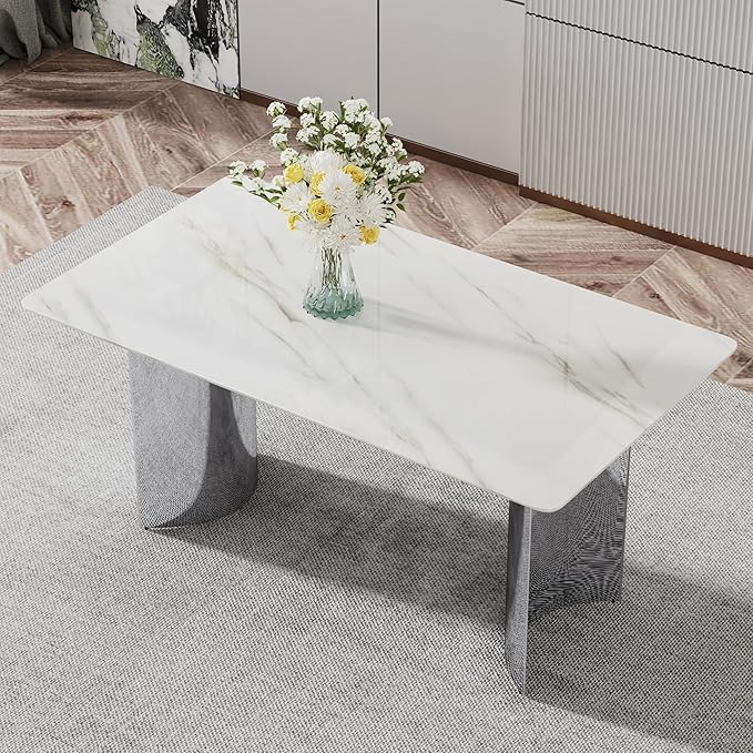 NicBex 63Inch Rectangular Dining Table,Modern Kitchen Table with Imitation Marble Glass Sticker Tabletop and Stainless Steel Legs for 6 to 8,Dining Room Table for Kitchen,Meeting Living Room,White - LeafyLoom