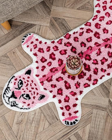 Leopard Shaped Rug Animals Bath Mat Rug Non-Slip Bathroom Door Mat for Bedroom Bathroom Kitchen Cartoon Area Rug for Bathroom Tub Soft Bathtub Mat Home Decor Pink - LeafyLoom