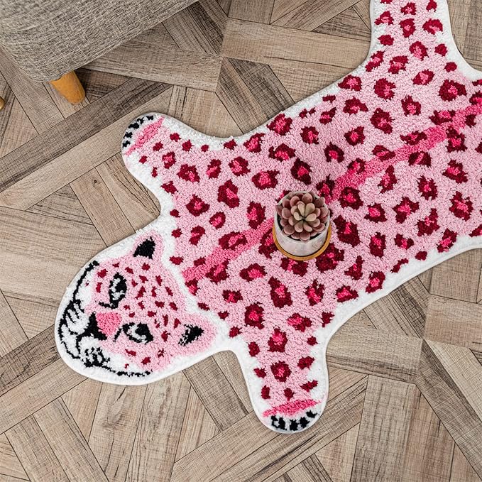 Leopard Shaped Rug Animals Bath Mat Rug Non-Slip Bathroom Door Mat for Bedroom Bathroom Kitchen Cartoon Area Rug for Bathroom Tub Soft Bathtub Mat Home Decor Pink - LeafyLoom