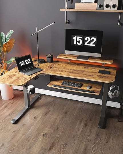 EUREKA ERGONOMIC Standing Desk with Keyboard Tray, Computer Desk, 61" L Shaped Electric Adjustable Height Desk w Monitor Stand LED, Corner Sit Stand Desk Gaming Desk, Dual Motor,Left/Rustic Brown - LeafyLoom