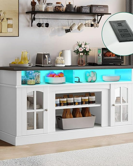 YITAHOME Farmhouse Sideboard Buffet Cabinet with Power Outlet, 58'' LED Coffee Bar Storage Cabinets with Adjustable Shelves and Glass Doors, Wood Rustic Accent Cabinet for Dinning Room, White & Black - LeafyLoom