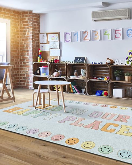 Flagship Carpets Schoolgirl Style This is Our Happy Place on Blue Educational Area Rug for Kids Room Seating Décor, Children's Classroom, Play Carpet for Teaching and Playroom, 7'6" x 12' - LeafyLoom