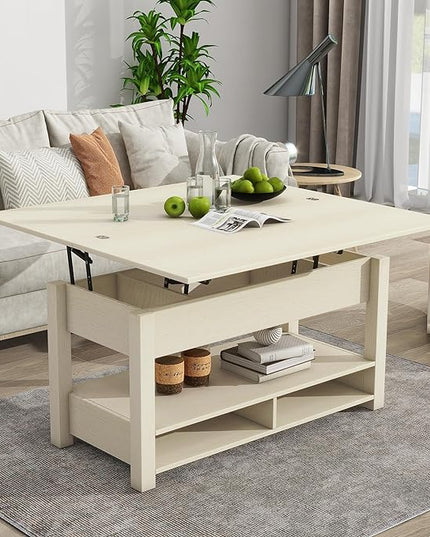 Lift Top Coffee Table, 3 in 1 Lift-Top Design Coffee Table with Open Shelves, Modern Center Tables for Living Room, Home, Office, Rustic Ivory - LeafyLoom