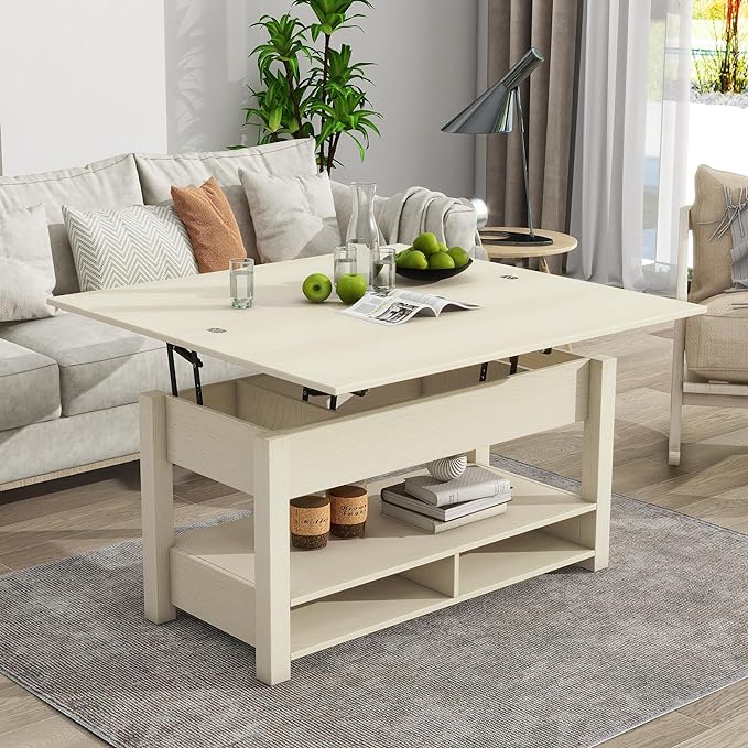 Lift Top Coffee Table, 3 in 1 Lift-Top Design Coffee Table with Open Shelves, Modern Center Tables for Living Room, Home, Office, Rustic Ivory - LeafyLoom