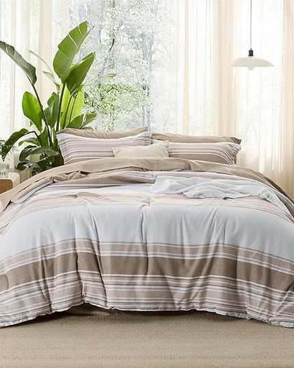 Bedsure Brown Twin Size Comforter Sets 5 Pieces - Striped Beddding sets, Bed in a Bag Twin with Comforter, Fitted Sheet, Flat Sheet, Pillowcase & Shams - LeafyLoom