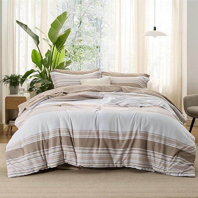 Bedsure Brown Twin Size Comforter Sets 5 Pieces - Striped Beddding sets, Bed in a Bag Twin with Comforter, Fitted Sheet, Flat Sheet, Pillowcase & Shams - LeafyLoom