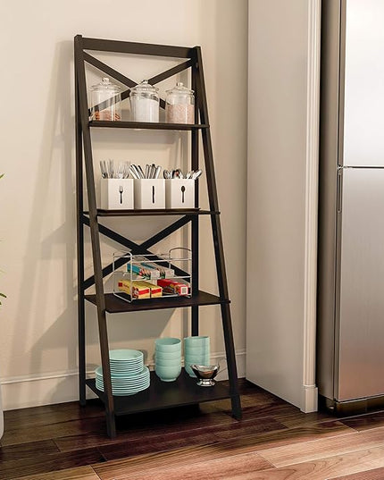 Lavish Home 4-Tier Ladder Bookshelf - Freestanding Shelved Bookcase with X-Back Frame and Leaning Look - Display Shelves for Home or Office (Black) - LeafyLoom