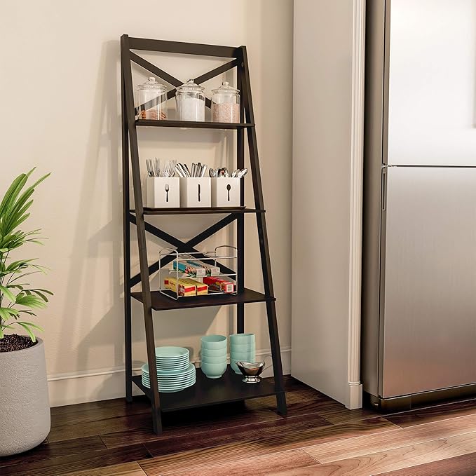 Lavish Home 4-Tier Ladder Bookshelf - Freestanding Shelved Bookcase with X-Back Frame and Leaning Look - Display Shelves for Home or Office (Black) - LeafyLoom