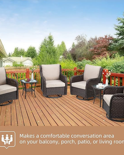 IDEALHOUSE 3 Pieces Outdoor Wicker Swivel Rocker Patio Set, 360-Degree Swivel Rocking Chair Elegant Wicker Patio Bistro Set with Tempered Glass Top Side Table (Apricot) - LeafyLoom